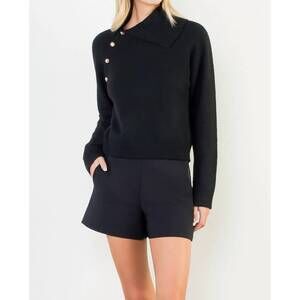 NEW THML split neck knit sweater in black